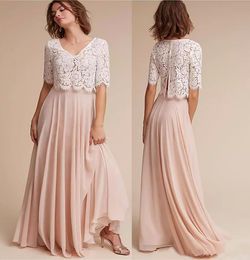 Vintage twee stukken kant top boho bruidsmeisje jurken chiffon ruches blozen roze meid van eer jurken lange feestjurken op maat gemaakt bd8951