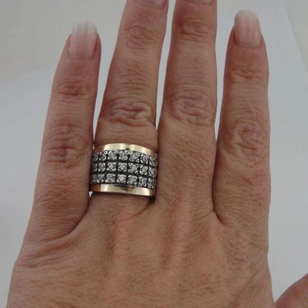 Anillo Vintage de oro de 14K ancho de piedra blanca de tres líneas de dos tonos para mujeres y hombres, joyería Retro de aniversario para banquete de boda