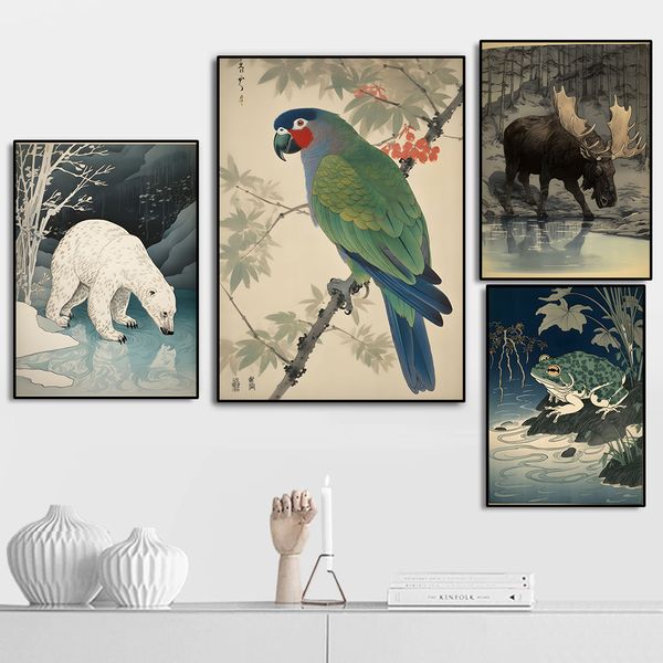 Vintage Ukiyo E Japón Tiger Wolf Panda Bear Frog Parrot Zebra Fox Squirel Canvas Póster Arte de pared Decoración del hogar