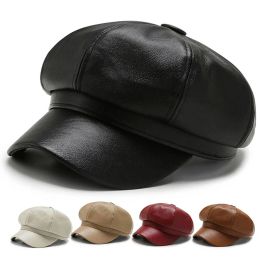 Vintage unisex PU lederen baret caps lente herfst hoeden voor vrouwen mannen zwarte platte top kapitein cap reizen cadet hoed
