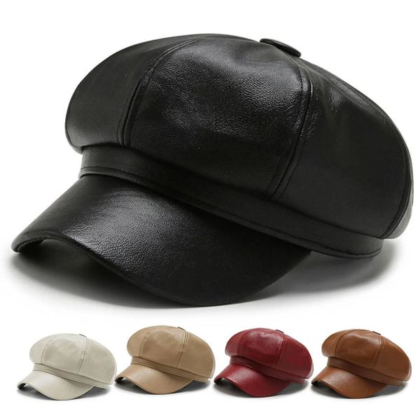 Béret en cuir PU unisexe Vintage, casquettes de printemps et d'automne pour femmes et hommes, casquette de capitaine à dessus plat noir, chapeau de Cadet de voyage