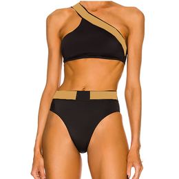 Vintage zwarte vrouwen badmode bedrukt een schoudersplit Swimsuit Summer Holiday Beach Bikini's