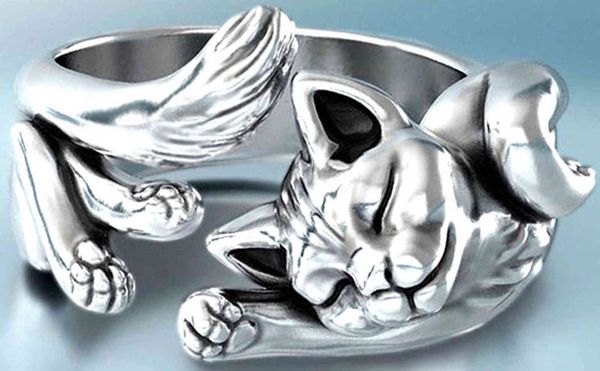 Vintage unisexe chats endormis argent plaqué ouverture doigt bague bijoux cadeau Unique élégant hommes femmes