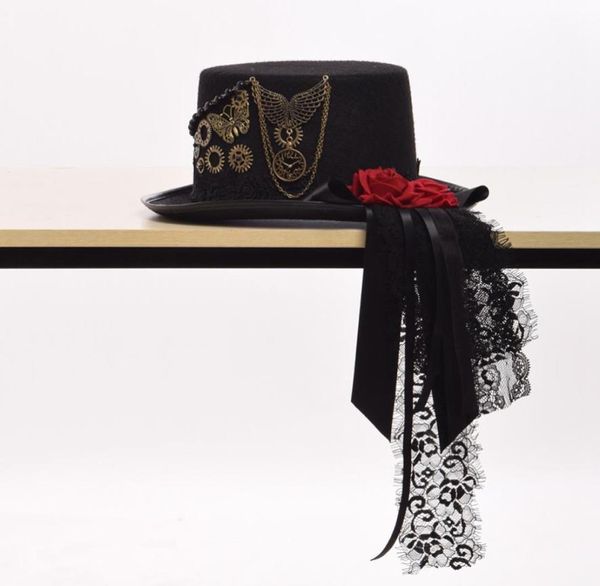 Vintage Unisex Steampunk accesorios de disfraz engranaje rojo Floral negro sombrero de copa hombre mujer fiesta Fedora regalo envío rápido 1978001