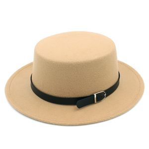 Vintage unisexe mélange de laine melon plaisancier casquette porc tarte marin chapeau large bord plat dessus jazz avec ceinture noire