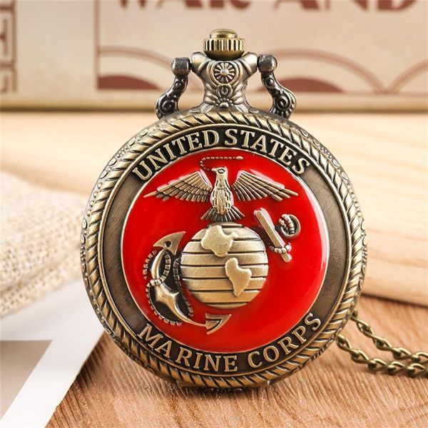 Vintage United State Marine Corps Thème Montre De Poche À Quartz De Mode Rouge Souvenir Pendentif Collier Chaîne Montres Militaires Top Gifts307o