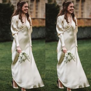 Vestido de novia de línea A con cuello en V Vintage para novia, manga larga abullonada, satén de seda, vestidos de novia sencillos hasta el suelo, vestidos de boda clásicos 2022