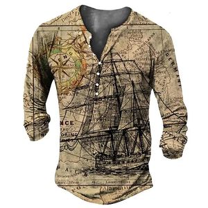 Vintage V-hals Henley Shirt Navigatie 3d Gothic T-shirt met lange mouwen voor mannen 5xl Oversized Tops T-shirt Man Punk Streetwear 240109