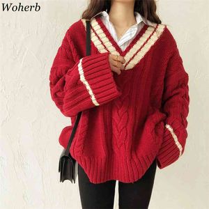 Vintage col en v femmes pull coréen Chic rayé pulls tricots torsadés automne lâche femme tricoté pulls 210519
