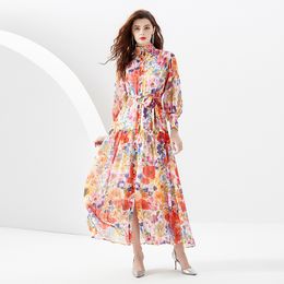 Vintage vacances Boho Maxi Robe Robe lanterne manches femmes concepteur col montant noeud à lacets taille fête robes longues 2023 printemps automne mode imprimer robes de piste