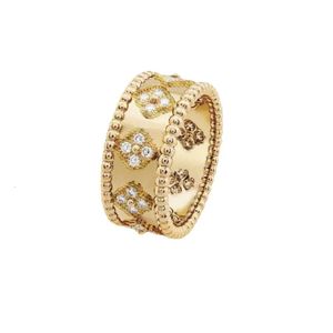 Vintage Van Kaleidoscope Dedo Anillo Perlees de tres colores Oro rosa Diamante completo Oficial Original Elegante Mujeres Hombres Lucky Clover Anillos de boda