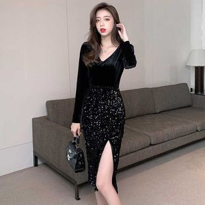 Vintage terciopelo vestido de lentejuelas negro gótico mujeres largo dividido primavera coreano damas sexy fiesta ropa 210604