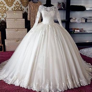 vintage Robe De Noiva Manches Longues Robes De Mariée pure cou équipage Fluffy Tulle Dentelle Perles Paillettes Princesse robe de mariée