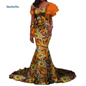 Vintage Vestidos Bazin Long sirène robe drapée Patchwork Africain Imprime Robes pour femmes African Ankara Clothing WY3346