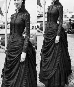 Vintage victorien noir une ligne robe de mariée en dentelle à manches longues veste col haut rétro gothique Steampunk robes de mariée Cosplay Masq2517635