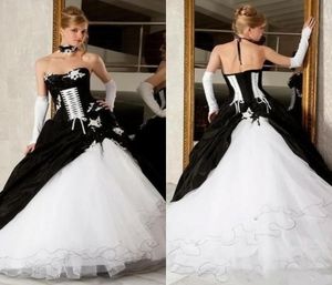 Vintage victorien noir et blanc robe de bal plus la taille robe de mariée gothique robes de mariée dos nu corset balayage train satin formel D5396747