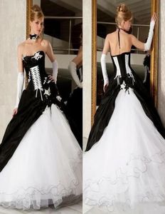 Vintage victorien noir et blanc robe de bal plus la taille robe de mariée gothique robes de mariée dos nu corset balayage train satin formel D2461625