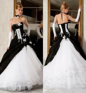 Vintage Victoriaanse zwart-witte baljurk Grote maten gotische trouwjurk Bruidsjurken Ruglooze korset Sweep Trein Satijn Formeel D3226214