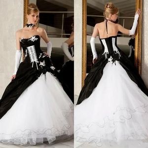 Vintage victorien noir et blanc robe de bal grande taille robe de mariée gothique robes de mariée dos nu corset balayage train satin formel D259h