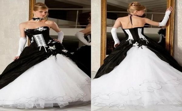 Vintage victorien noir et blanc robe de bal plus la taille robe de mariée gothique robes de mariée dos nu corset balayage train satin formel D4038995