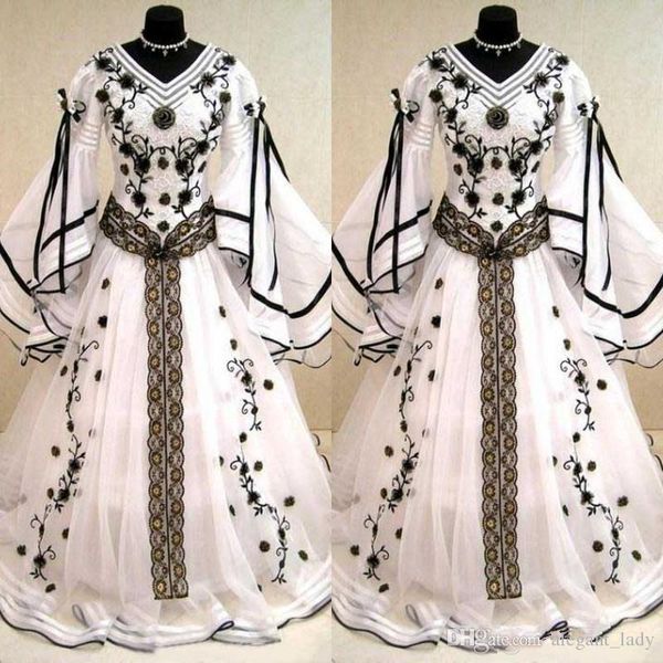 Robe de mariée Vintage victorienne noir et blanc Flare manches longues Renaissance robe de mariée royale gothique Holloween Corset à lacets médiéval grande taille robes de mariée