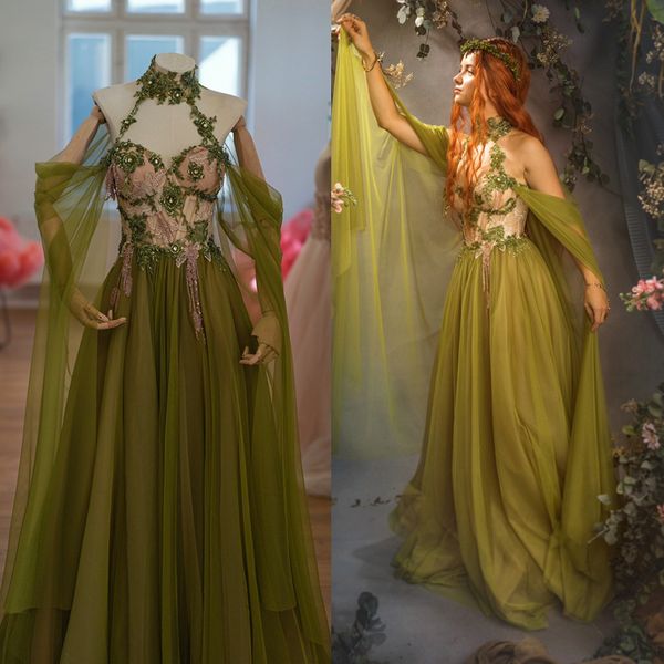 Vestidos de noche victorianos vintage con hombros descubiertos Vestido largo de gasa verde lima para ocasiones especiales para mujer Apliques de encaje con cuentas Una línea Vestido de fiesta medieval