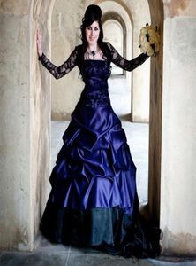 Vintage Victoriaanse gotische baljurk trouwjurken pure lange mouwen sexy blauw en zwart ruches retro corset kant bruidsjurken pl6914090