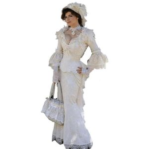 Vintage victorien dentelle sirène robes de soirée 2022 Puffy manches longues plume 3D Floral gothique à lacets Corset Cosplay robes de bal p319w