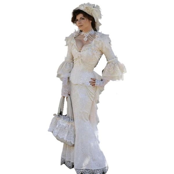 Vintage victorien dentelle sirène robes de soirée 2022 Puffy manches longues plume 3D Floral gothique à lacets Corset Cosplay robes de bal p319w