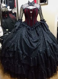 Vintage Victoriaanse Galajurken Zwart en Bordeaux Kant Maskerade Jurken voor speciale gelegenheden Flare Lange mouwen Jasje Tot de grond Gothic Korset Avond Formele Kleding