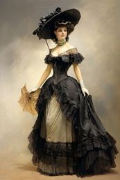 Vintage victorien Robes de bal longueur de sol en noir et champagne Robule de soirée princesse pour les femmes hors de l'épaule 18e robe d'occasion spéciale gothique médiévale