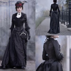 Vintage Victoriaanse prom -jurken Middeleeuwse zwarte gotische drukte formele avondjurken voor vrouwen 2023 3/4 lange mouwen burgeroorlog historische maskerade jurk voor vrouwen