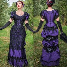 Robes de bal victoriennes vintage robe de bal froncée costume historique corset robes d'occasion spéciale manches courtes dentelle noire longueur de plancher robe de soirée pour femmes