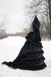 Vintage Victoriaanse trouwjurk zwarte drukte historische middeleeuwse gotische bruidsjurken hoge hals lange mouwen korset winter cosplay 293b