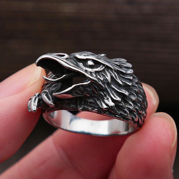 Bague Vintage Viking Odin Crow pour hommes, mythologie nordique, bague de motard en or blanc 14K, Odin Raven, bijoux cadeau