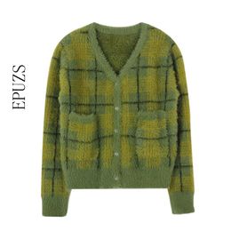 Vintage chaud vert Plaid Cardigan femmes pull tricoté avec bouton avant femmes pull court 210521
