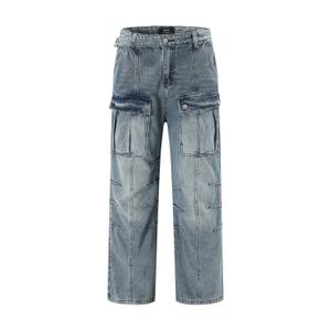 Pantalon en jean délavé Vintage pour hommes, Baggy droit Cargo, pantalon femme dos bleu