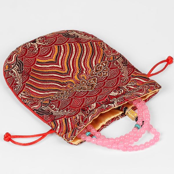 Vintage vague soie Petit cordonnet Sacs Pouches Brocade chinois Sacs cadeaux Sac bijoux en tissu de maquillage avec doublure 13x15cm 2pcs / lot