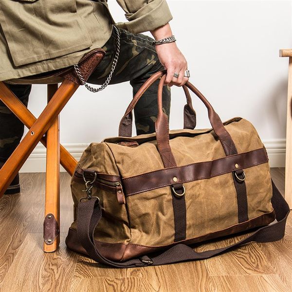 Bolsa de equipaje de lona encerada Vintage para hombre, bolsas de lona grandes de viaje de cuero genuino, bolsa de viaje de fin de semana para llevar durante la noche M106233O