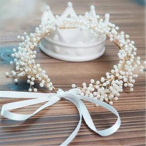 Vintage Bruiloft Bruids Kristal Strass Hoofdband Lint Parel Hoofddeksel Haarband Gouden Accessoires Sieraden Kroon Tiara Prinses 261j