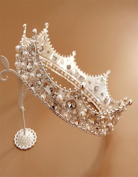 Vintage Boda Bridal Queen Crown Tiara Crystal Diebar diadema de diabación completa Corona Redonda Accesorios para el cabello Pearl Pearl Headdr5095867