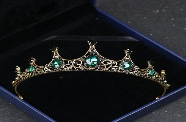 Corona de boda vintage, accesorios para el cabello con cuentas de diamantes de imitación verde oscuro, diadema, corona, Tiara, cinta, tocado, joyería 8836259