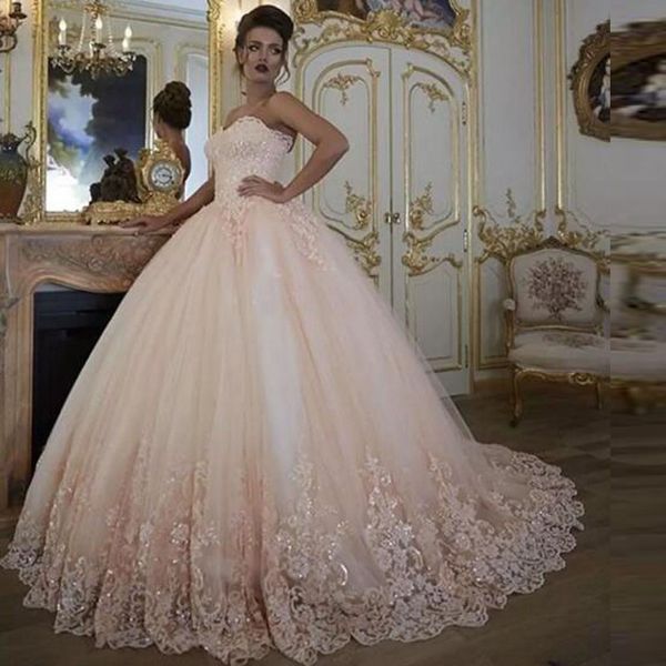 Robes de mariée Vintage Robes de mariée Turquie Dentelle Bling Paillettes Dentelle Tulle Chérie Corset Dos Puffy Plus La Taille Robe De Bal Blush Rose