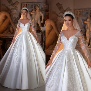 Robes de mariée vintage paillettes robes nupléaires de profondeur V couche-cou pur à manches longues sur mesure de gamme brillante