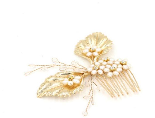 Tocados de boda vintage, accesorios para el cabello, peine de hoja dorada con perlas, diamantes de imitación, joyería para el cabello para mujer, joyería nupcial BWHP4081010385