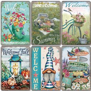 Vintage welkomstposter metalen tinnen borden bloemen vogels auto metalen plaque wanddecor voor café home tuin boerderij strand hut 30x20cm w03