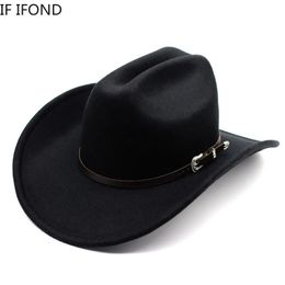 Vintage Western Cowboy Hat For Heren Gentleman Lady Jazz Cowgirl met lederen brede rand Kloche Church Sombrero Hombre Caps 240415