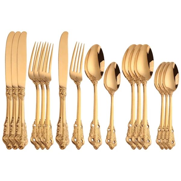 Cubiertos chapados en oro occidental Vintage, 16 Uds., cuchillos de comedor, tenedores, cucharillas, juego de vajilla de lujo dorado, juego de vajilla con grabado