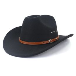 Vintage Western Women Cowboy Hat For Men Wide Brim Jazz Cap met lederen riem Sombrero Cowgirl -hoeden Gentleman 240103