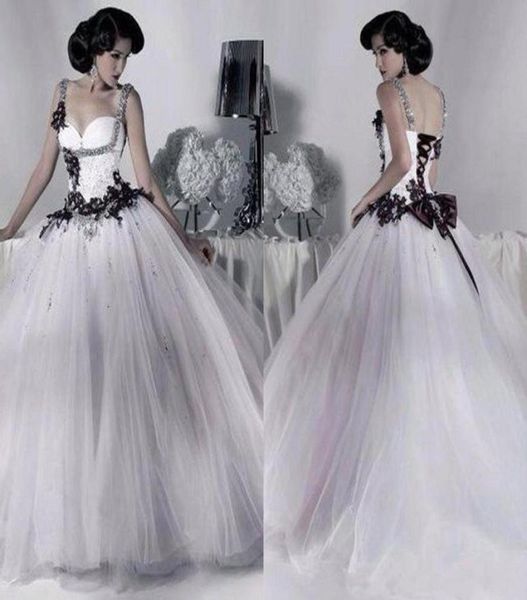 Robes de mariée en tulle blanc et noir vintage 2021 perles spaghetti sangle robe de bal gothique corset Halloween robes de soirée de mariée Ves8684985